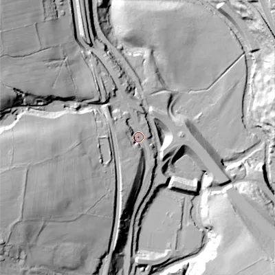 Shaded relief map of the ground around SK237PB, computed from Environment Agency LiDAR. The ground here sits at about 164 m above sea level and falls 64 m across the surrounding 800 m. Surface water reaching this point runs off ground lying to the south-west, 45.5 m higher.