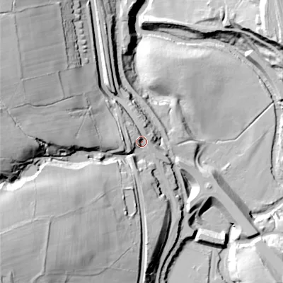 Shaded relief map of the ground around SK237PD, computed from Environment Agency LiDAR. The ground here sits at about 165 m above sea level and falls 71 m across the surrounding 800 m. Surface water reaching this point runs off ground lying to the west-north-west, 6.5 m higher.