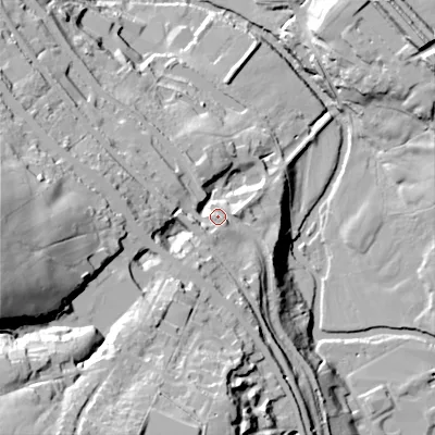 Shaded relief map of the ground around SK237QA, computed from Environment Agency LiDAR. The ground here sits at about 162 m above sea level and falls 64 m across the surrounding 800 m. Surface water reaching this point runs off ground lying to the south-west, 3.5 m higher.