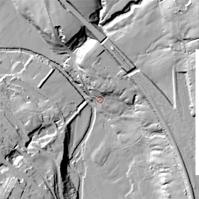 Shaded relief map of the ground around SK237QE, computed from Environment Agency LiDAR. The ground here sits at about 146 m above sea level and falls 65 m across the surrounding 800 m. Surface water reaching this point runs off ground lying to the north-east, 20.5 m higher.