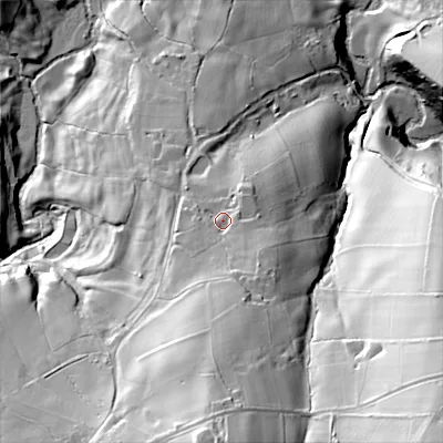 Shaded relief map of the ground around SK237RA, computed from Environment Agency LiDAR. The ground here sits at about 236 m above sea level and falls 101 m across the surrounding 800 m. Surface water reaching this point runs off ground lying to the south, 26.3 m higher.