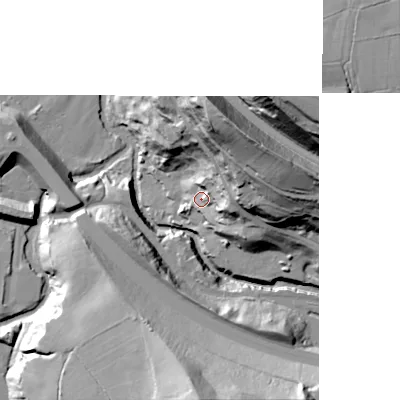 Shaded relief map of the ground around SK237SE, computed from Environment Agency LiDAR. The ground here sits at about 158 m above sea level and falls 71 m across the surrounding 800 m. Surface water reaching this point runs off ground lying to the north-east, 45.7 m higher.