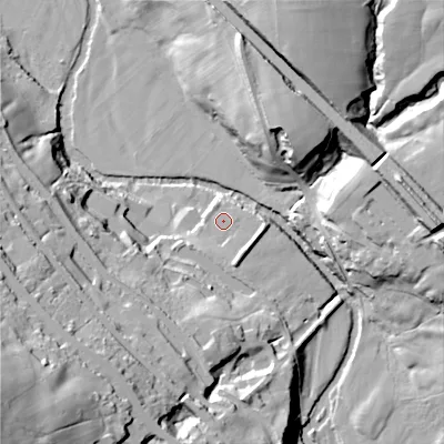 Shaded relief map of the ground around SK237SN, computed from Environment Agency LiDAR. The ground here sits at about 144 m above sea level and falls 65 m across the surrounding 800 m. Surface water reaching this point runs off ground lying to the south-south-east, 4.5 m higher.