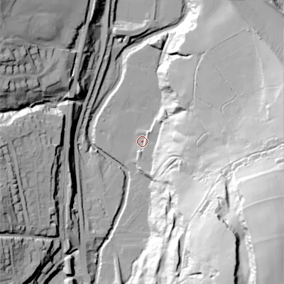Shaded relief map of the ground around SK237SP, computed from Environment Agency LiDAR. The ground here sits at about 158 m above sea level and falls 92 m across the surrounding 800 m. Surface water reaching this point runs off ground lying to the south-east, 81.6 m higher.