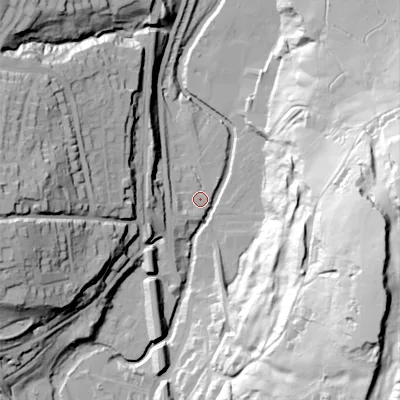 Shaded relief map of the ground around SK237SR, computed from Environment Agency LiDAR. The ground here sits at about 160 m above sea level and falls 82 m across the surrounding 800 m. Surface water reaching this point runs off ground lying to the south-west, 2.6 m higher.