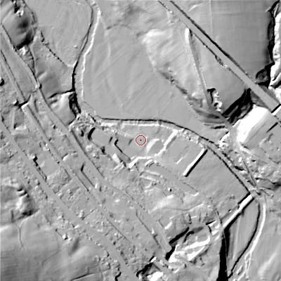 Shaded relief map of the ground around SK237SW, computed from Environment Agency LiDAR. The ground here sits at about 140 m above sea level and falls 83 m across the surrounding 800 m. Surface water reaching this point runs off ground lying to the south-south-west, 19.6 m higher.