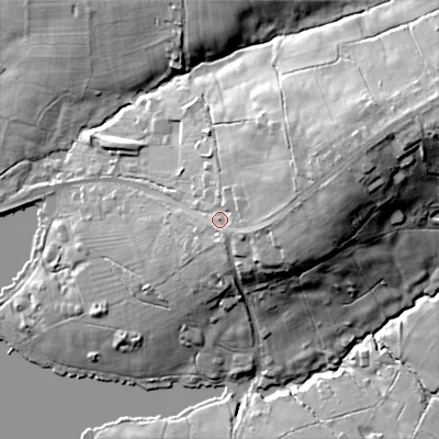 Shaded relief map of the ground around SK239UH, computed from Environment Agency LiDAR. The ground here sits at about 231 m above sea level and falls 30 m across the surrounding 800 m. Surface water reaching this point runs off ground lying to the east-north-east, 14.9 m higher.