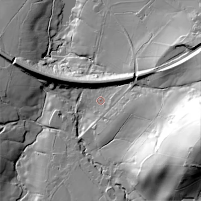 Shaded relief map of the ground around SK239US, computed from Environment Agency LiDAR. The ground here sits at about 233 m above sea level and falls 97 m across the surrounding 800 m. Surface water reaching this point runs off ground lying to the east-south-east, 6.3 m higher.