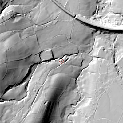 Shaded relief map of the ground around SK239UT, computed from Environment Agency LiDAR. The ground here sits at about 238 m above sea level and falls 85 m across the surrounding 800 m. Surface water reaching this point runs off ground lying to the south-west, 69.0 m higher.