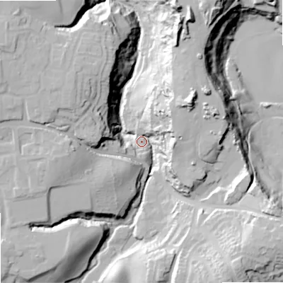 Shaded relief map of the ground around SK25EX, computed from Environment Agency LiDAR. The ground here sits at about 66 m above sea level and falls 39 m across the surrounding 800 m. Surface water reaching this point runs off ground lying to the south-east, 31.3 m higher.