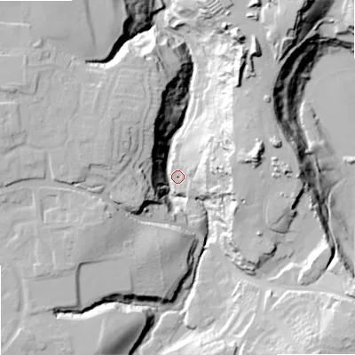 Shaded relief map of the ground around SK25EY, computed from Environment Agency LiDAR. The ground here sits at about 64 m above sea level and falls 38 m across the surrounding 800 m. Surface water reaching this point runs off ground lying to the south-east, 32.9 m higher.