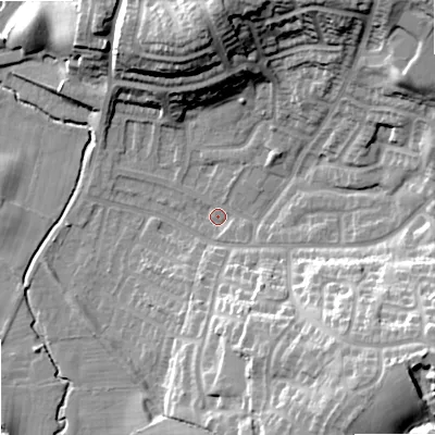 Shaded relief map of the ground around SK25GD, computed from Environment Agency LiDAR. The ground here sits at about 71 m above sea level and falls 28 m across the surrounding 800 m. Surface water reaching this point runs off ground lying to the south-east, 24.8 m higher.