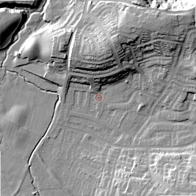 Shaded relief map of the ground around SK25JG, computed from Environment Agency LiDAR. The ground here sits at about 71 m above sea level and falls 28 m across the surrounding 800 m. Surface water reaching this point runs off ground lying to the north-east, 24.6 m higher.