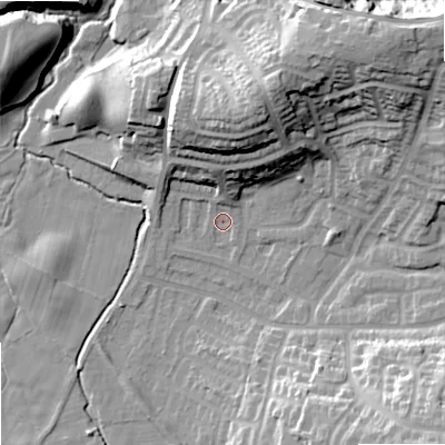 Shaded relief map of the ground around SK25JH, computed from Environment Agency LiDAR. The ground here sits at about 70 m above sea level and falls 28 m across the surrounding 800 m. Surface water reaching this point runs off ground lying to the north-east, 24.6 m higher.