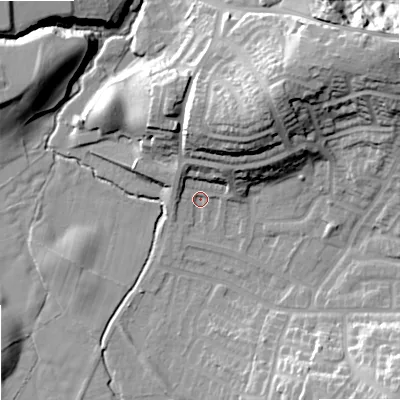 Shaded relief map of the ground around SK25JJ, computed from Environment Agency LiDAR. The ground here sits at about 70 m above sea level and falls 28 m across the surrounding 800 m. Surface water reaching this point runs off ground lying to the north-east, 24.5 m higher.