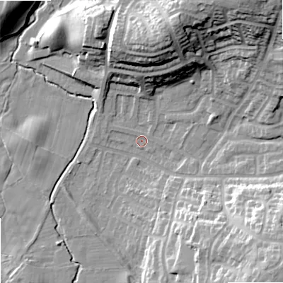 Shaded relief map of the ground around SK25JL, computed from Environment Agency LiDAR. The ground here sits at about 70 m above sea level and falls 27 m across the surrounding 800 m. Surface water reaching this point runs off ground lying to the south-east, 24.6 m higher.