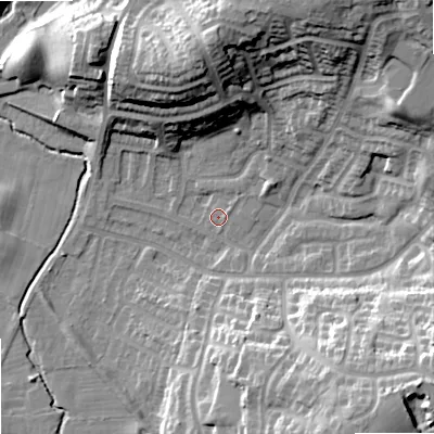 Shaded relief map of the ground around SK25JN, computed from Environment Agency LiDAR. The ground here sits at about 71 m above sea level and falls 28 m across the surrounding 800 m. Surface water reaching this point runs off ground lying to the south-east, 25.6 m higher.