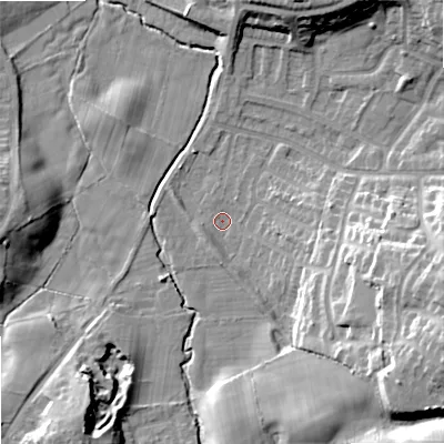 Shaded relief map of the ground around SK25JT, computed from Environment Agency LiDAR. The ground here sits at about 71 m above sea level and falls 23 m across the surrounding 800 m. Surface water reaching this point runs off ground lying to the east-south-east, 20.4 m higher.
