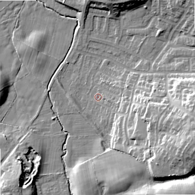 Shaded relief map of the ground around SK25JX, computed from Environment Agency LiDAR. The ground here sits at about 72 m above sea level and falls 26 m across the surrounding 800 m. Surface water reaching this point runs off ground lying to the east-south-east, 6.8 m higher.