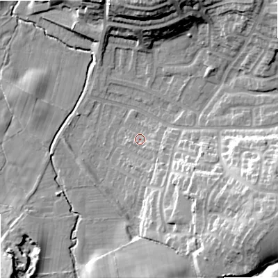 Shaded relief map of the ground around SK25JZ, computed from Environment Agency LiDAR. The ground here sits at about 72 m above sea level and falls 27 m across the surrounding 800 m. Surface water reaching this point runs off ground lying to the south-east, 3.1 m higher.