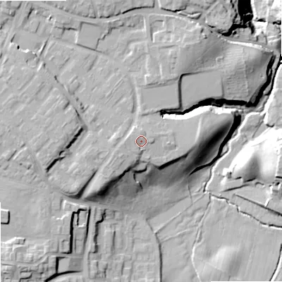 Shaded relief map of the ground around SK25LB, computed from Environment Agency LiDAR. The ground here sits at about 85 m above sea level and falls 30 m across the surrounding 800 m. Surface water reaching this point runs off ground lying to the west, 1.7 m higher.