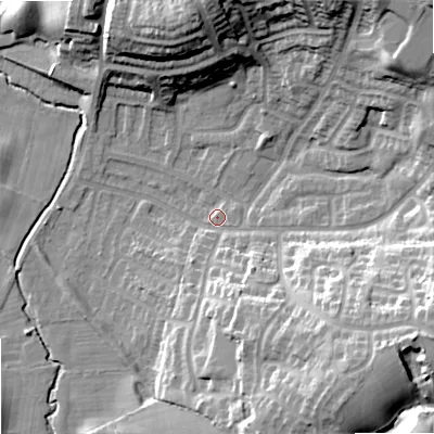 Shaded relief map of the ground around SK25XA, computed from Environment Agency LiDAR. The ground here sits at about 72 m above sea level and falls 27 m across the surrounding 800 m. Surface water reaching this point runs off ground lying to the south-south-east, 14.5 m higher.