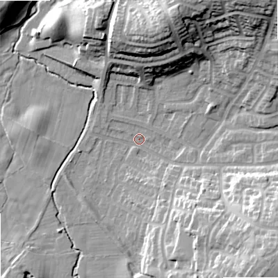 Shaded relief map of the ground around SK25XB, computed from Environment Agency LiDAR. The ground here sits at about 70 m above sea level and falls 27 m across the surrounding 800 m. Surface water reaching this point runs off ground lying to the south-east, 24.3 m higher.