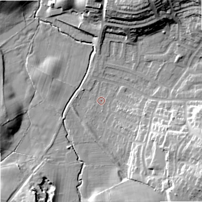Shaded relief map of the ground around SK25XD, computed from Environment Agency LiDAR. The ground here sits at about 71 m above sea level and falls 25 m across the surrounding 800 m. Surface water reaching this point runs off ground lying to the north-north-east, 21.5 m higher.