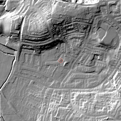 Shaded relief map of the ground around SK25XX, computed from Environment Agency LiDAR. The ground here sits at about 72 m above sea level and falls 29 m across the surrounding 800 m. Surface water reaching this point runs off ground lying to the north-north-east, 23.4 m higher.