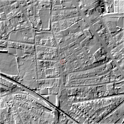 Shaded relief map of the ground around SK26JA, computed from Environment Agency LiDAR. The ground here sits at about 79 m above sea level and falls 10 m across the surrounding 800 m. Surface water reaching this point runs off ground lying to the north-north-east, 1.0 m higher.