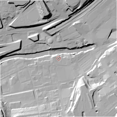 Shaded relief map of the ground around SK30AG, computed from Environment Agency LiDAR. The ground here sits at about 42 m above sea level and falls 39 m across the surrounding 800 m. Surface water reaching this point runs off ground lying to the south, 2.5 m higher.