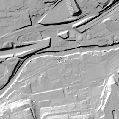 Shaded relief map of the ground around SK30AL, computed from Environment Agency LiDAR. The ground here sits at about 41 m above sea level and falls 38 m across the surrounding 800 m. Surface water reaching this point runs off ground lying to the south-east, 6.9 m higher.