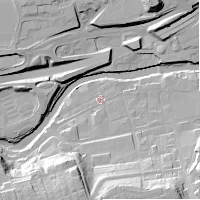 Shaded relief map of the ground around SK30AS, computed from Environment Agency LiDAR. The ground here sits at about 41 m above sea level and falls 40 m across the surrounding 800 m. Surface water reaching this point runs off ground lying to the south-south-east, 32.3 m higher.