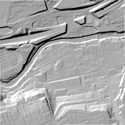 Shaded relief map of the ground around SK30BD, computed from Environment Agency LiDAR. The ground here sits at about 42 m above sea level and falls 40 m across the surrounding 800 m. Surface water reaching this point runs off ground lying to the south-south-east, 32.4 m higher.