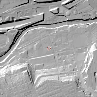 Shaded relief map of the ground around SK30BN, computed from Environment Agency LiDAR. The ground here sits at about 43 m above sea level and falls 40 m across the surrounding 800 m. Surface water reaching this point runs off ground lying to the south-east, 1.4 m higher.
