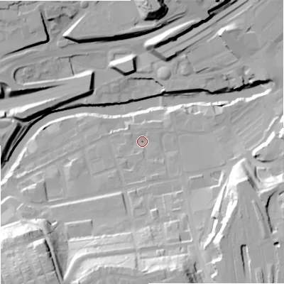 Shaded relief map of the ground around SK30BQ, computed from Environment Agency LiDAR. The ground here sits at about 42 m above sea level and falls 39 m across the surrounding 800 m. Surface water reaching this point runs off ground lying to the south-east, 26.8 m higher.