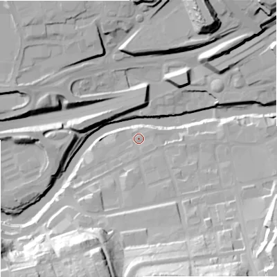 Shaded relief map of the ground around SK30BR, computed from Environment Agency LiDAR. The ground here sits at about 41 m above sea level and falls 40 m across the surrounding 800 m. Surface water reaching this point runs off ground lying to the east-south-east, 2.0 m higher.