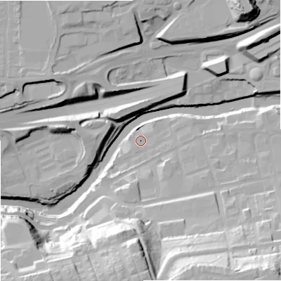 Shaded relief map of the ground around SK30BT, computed from Environment Agency LiDAR. The ground here sits at about 39 m above sea level and falls 40 m across the surrounding 800 m. Surface water reaching this point runs off ground lying to the east, 1.2 m higher.