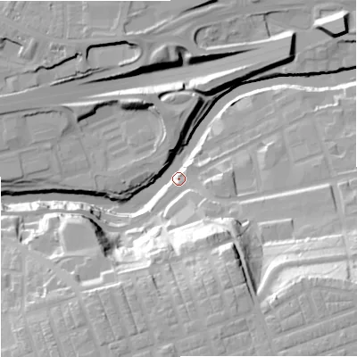 Shaded relief map of the ground around SK30BY, computed from Environment Agency LiDAR. The ground here sits at about 40 m above sea level and falls 41 m across the surrounding 800 m. Surface water reaching this point runs off ground lying to the south-east, 39.0 m higher.