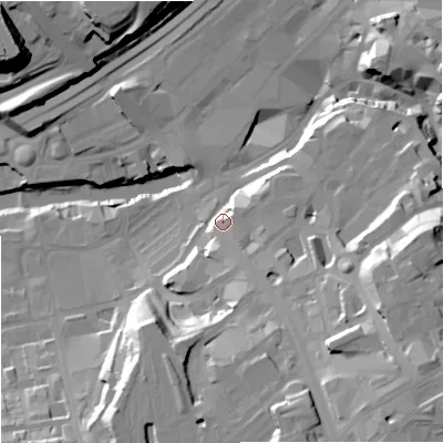 Shaded relief map of the ground around SK41AA, computed from Environment Agency LiDAR. The ground here sits at about 53 m above sea level and falls 43 m across the surrounding 800 m. Surface water reaching this point runs off ground lying to the south-east, 33.1 m higher.
