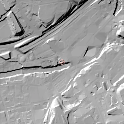 Shaded relief map of the ground around SK41AF, computed from Environment Agency LiDAR. The ground here sits at about 45 m above sea level and falls 40 m across the surrounding 800 m. Surface water reaching this point runs off ground lying to the south-east, 39.7 m higher.