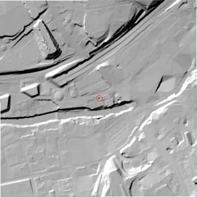 Shaded relief map of the ground around SK41AQ, computed from Environment Agency LiDAR. The ground here sits at about 43 m above sea level and falls 37 m across the surrounding 800 m. Surface water reaching this point runs off ground lying to the north, 6.5 m higher.