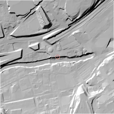 Shaded relief map of the ground around SK41AR, computed from Environment Agency LiDAR. The ground here sits at about 43 m above sea level and falls 33 m across the surrounding 800 m. Surface water reaching this point runs off ground lying to the south-east, 32.7 m higher.