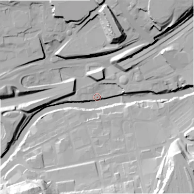 Shaded relief map of the ground around SK41AS, computed from Environment Agency LiDAR. The ground here sits at about 40 m above sea level and falls 34 m across the surrounding 800 m. Surface water reaching this point runs off ground lying to the south-east, 33.4 m higher.