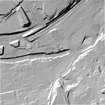 Shaded relief map of the ground around SK41AW, computed from Environment Agency LiDAR. The ground here sits at about 41 m above sea level and falls 37 m across the surrounding 800 m. Surface water reaching this point runs off ground lying to the south-east, 36.6 m higher.
