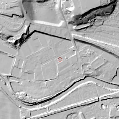 Shaded relief map of the ground around SK43EA, computed from Environment Agency LiDAR. The ground here sits at about 37 m above sea level and falls 35 m across the surrounding 800 m. Surface water reaching this point runs off ground lying to the north-north-east, 30.1 m higher.