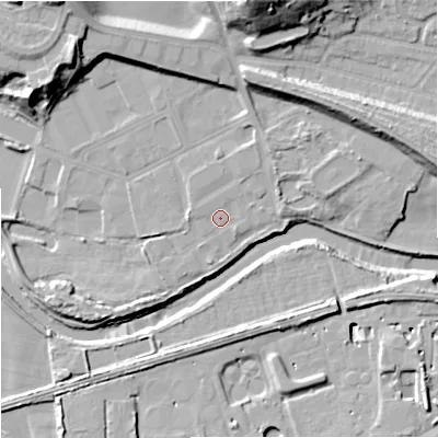 Shaded relief map of the ground around SK43GN, computed from Environment Agency LiDAR. The ground here sits at about 37 m above sea level and falls 32 m across the surrounding 800 m. Surface water reaching this point runs off ground lying to the north-north-east, 1.5 m higher.