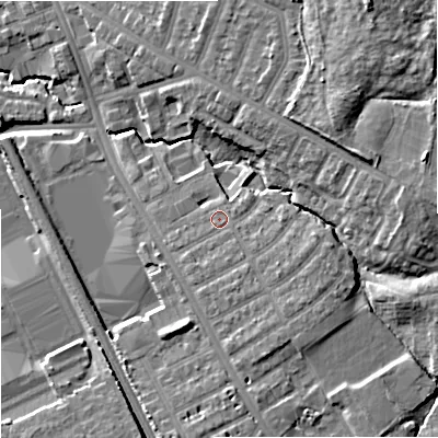 Shaded relief map of the ground around SK45AZ, computed from Environment Agency LiDAR. The ground here sits at about 62 m above sea level and falls 16 m across the surrounding 800 m. Surface water reaching this point runs off ground lying to the south-east, 3.1 m higher.