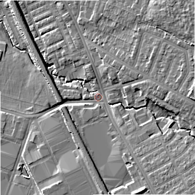 Shaded relief map of the ground around SK45BA, computed from Environment Agency LiDAR. The ground here sits at about 57 m above sea level and falls 16 m across the surrounding 800 m. Surface water reaching this point runs off ground lying to the south-east, 9.7 m higher.