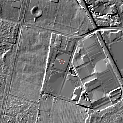 Shaded relief map of the ground around SK45DY, computed from Environment Agency LiDAR. The ground here sits at about 55 m above sea level and falls 15 m across the surrounding 800 m. Surface water reaching this point runs off ground lying to the east-south-east, 0.7 m higher.